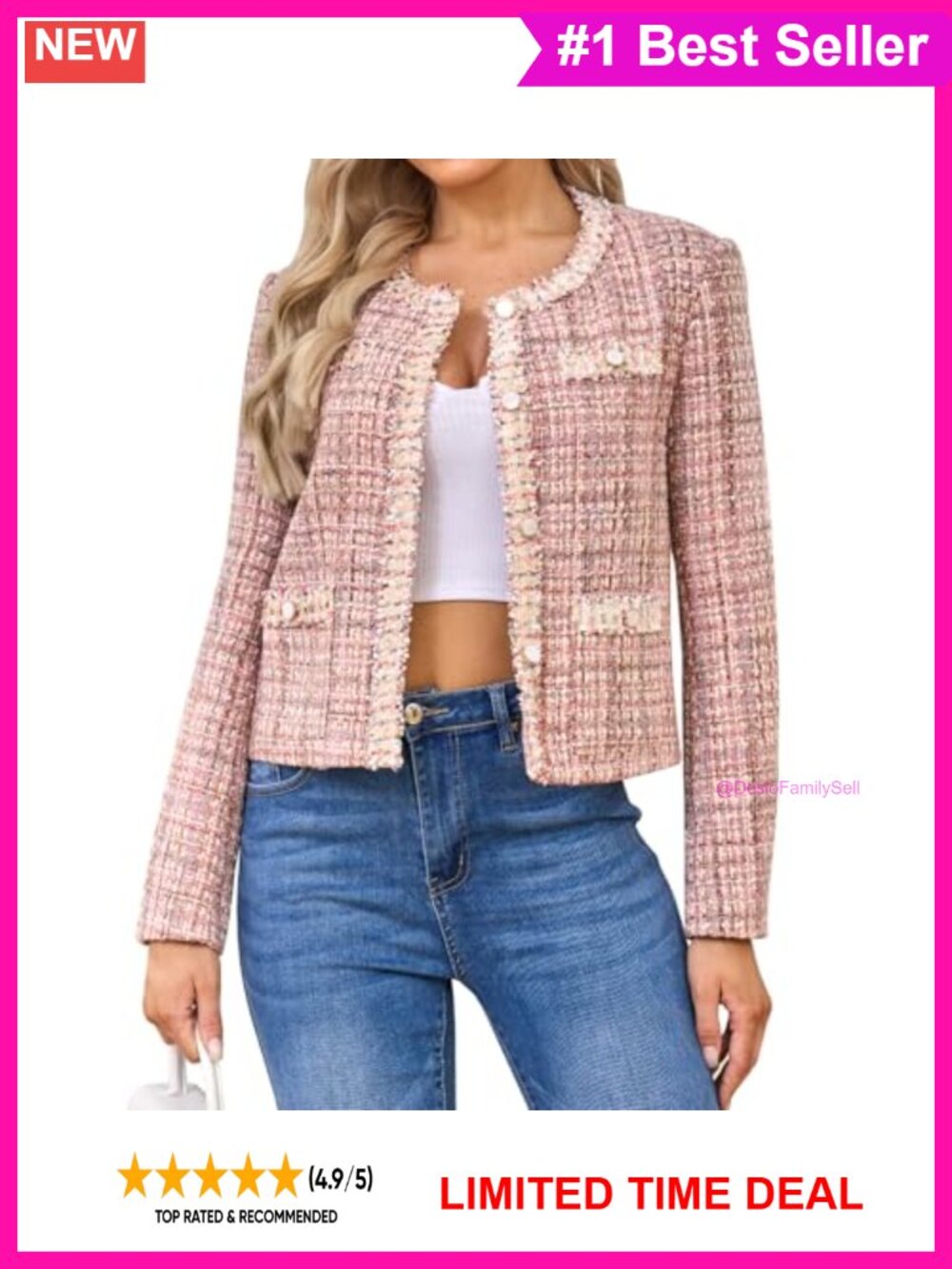 Tweed Cropped Blazer Collarless Plaid Long Sleeve Semi-Formal Jacket